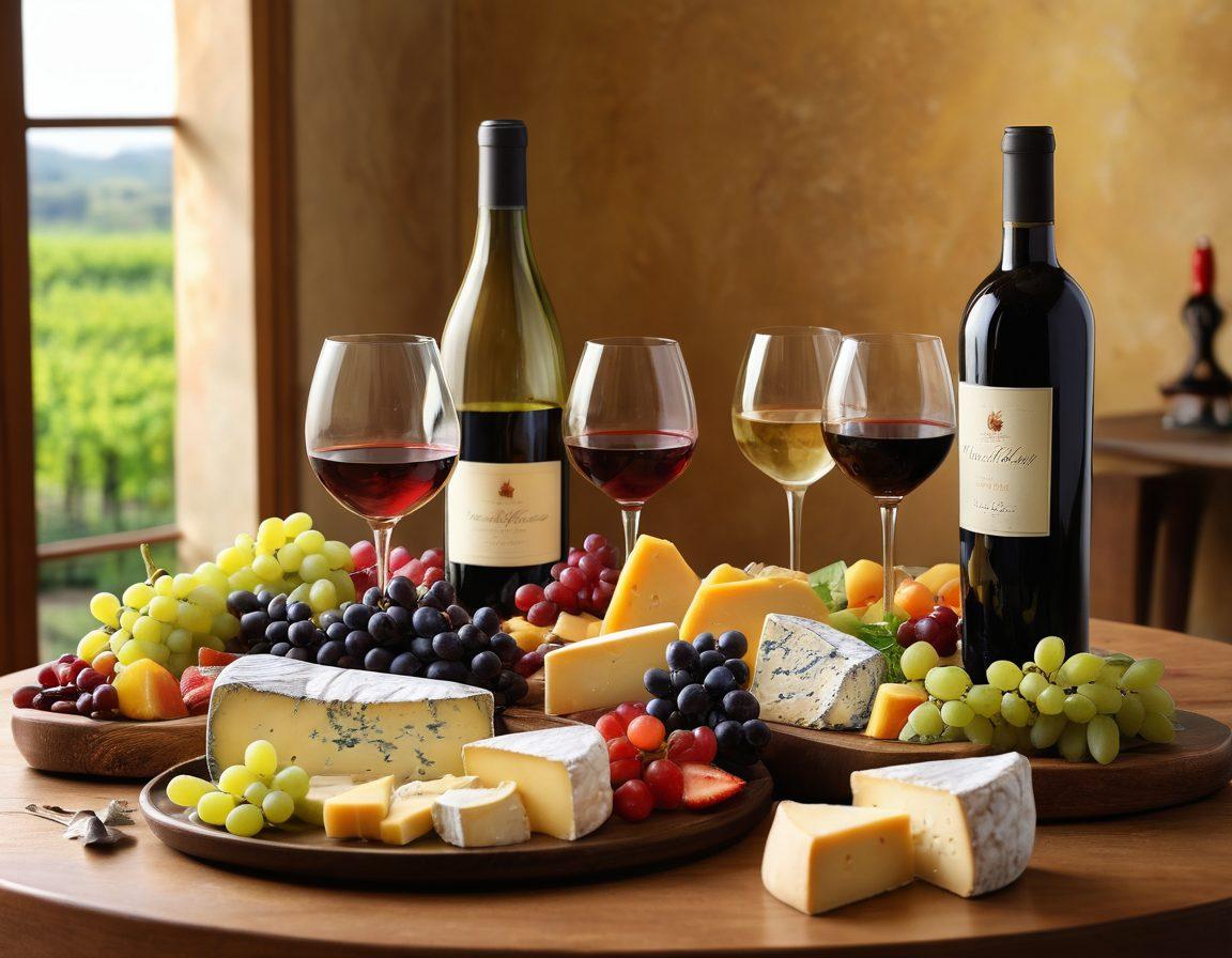A beautifully arranged table showcasing a selection of wines with elegant glasses, complemented by an array of gourmet cheeses and fruits. Subtle grapevines can be seen in the background, symbolizing the journey from vineyard to table. Soft natural lighting enhances the rich colors of the wine and food. Capture a sense of sophistication and warmth. super-realistic. vibrant colors. warm ambiance.