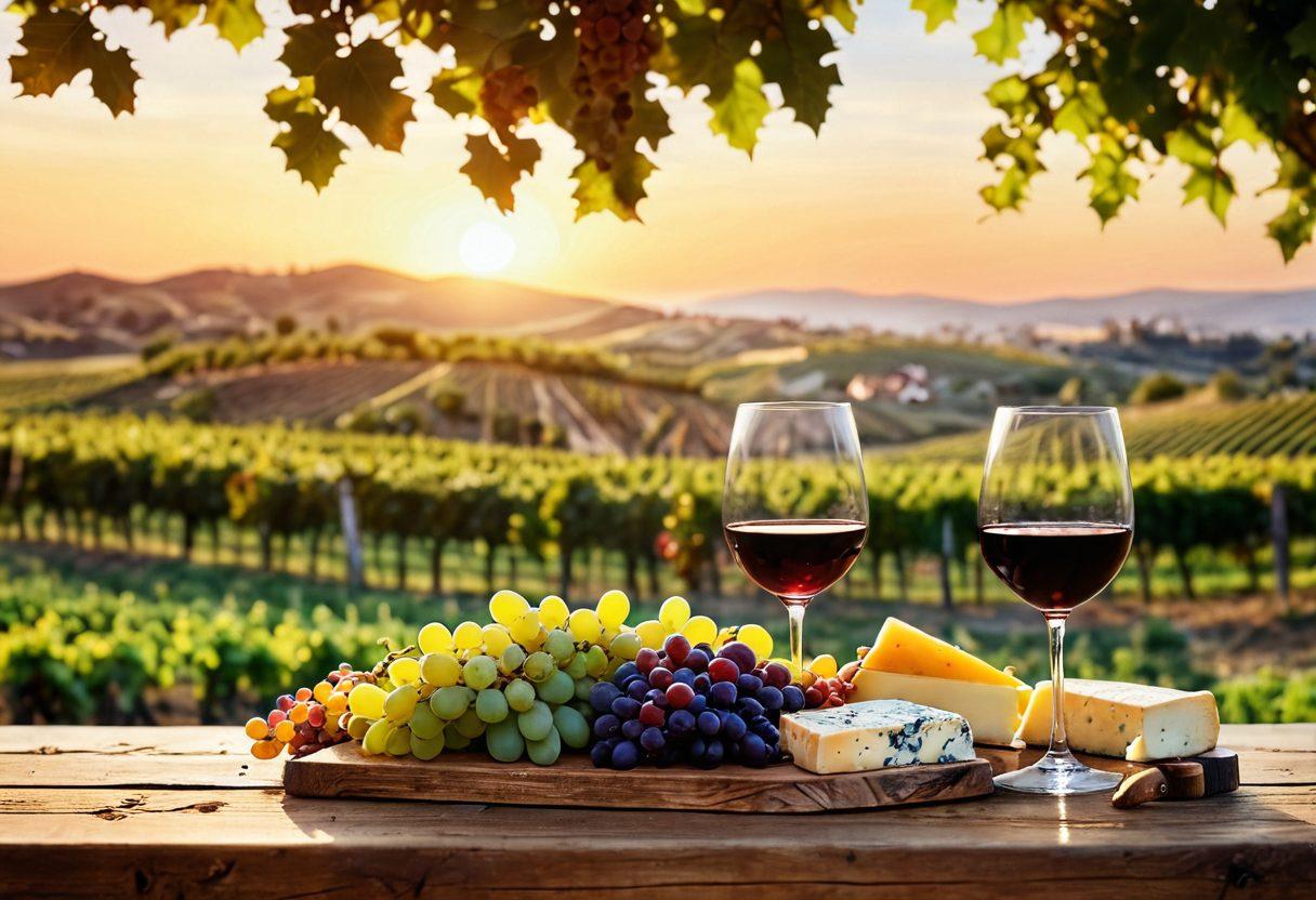 A lush vineyard landscape with rolling hills, vines laden with ripe grapes under a golden sunset. A rustic wooden table is set for a wine tasting, featuring elegant glasses filled with different varieties of wine, accompanied by gourmet cheeses and fruits. Soft bokeh effects in the background add depth, while a curious sommelier explores the scene. super-realistic. warm colors. high detail.