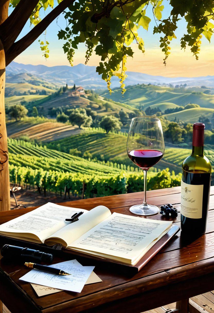 An elegant wine tasting scene with diverse glasses of wine elegantly arranged on a rustic wooden table, surrounded by lush vineyards and rolling hills in the background. Include a corkscrew and a notepad with scribbled notes on wine pairings, while soft golden sunlight filters through the grapevines, creating a warm and inviting atmosphere. Painting. vibrant colors.